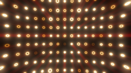 Glowing golden-yellow rings form a symmetrical tunnel of light and shadow, evoking speed and futuristic energy.の写真素材