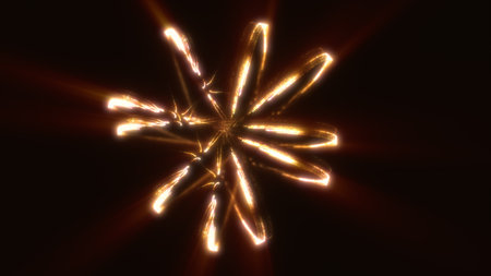 Radiant golden energy loops intertwine in a mesmerizing abstract formation on a dark background.の写真素材