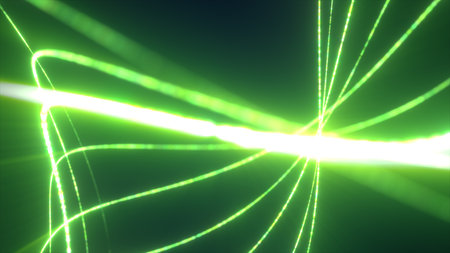 Intense green energy beams converge at a central point, forming a burst of light in a futuristic visual style.の写真素材