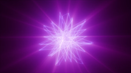 Violet glowing sphere made of neon lines in geometric formation over black background.の写真素材