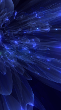 Explosive blue crystal-like abstract formation with glowing shards in motion.の写真素材