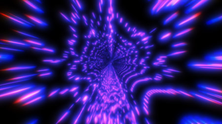 Abstract tunnel of glowing violet and blue light beams converging into a vanishing point.の写真素材
