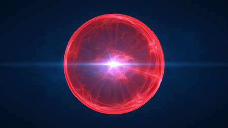 Bright red glowing energy sphere emitting intense light rays in a dark space environment.の写真素材