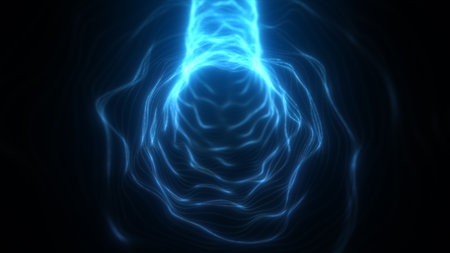 Abstract blue energy tunnel of glowing light particles swirling in a fluid digital vortex.の写真素材