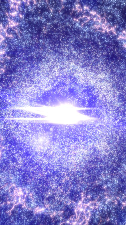 A glowing cosmic explosion in deep space, radiating with violet and blue energy particles forming a luminous circular wave.の写真素材