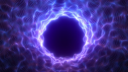 Glowing violet energy vortex with flowing wave lines forming a circular portal on a dark background.の写真素材