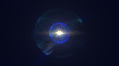 Small glowing orb emitting radiant starburst light, surrounded by translucent atmospheric energy rings.の写真素材