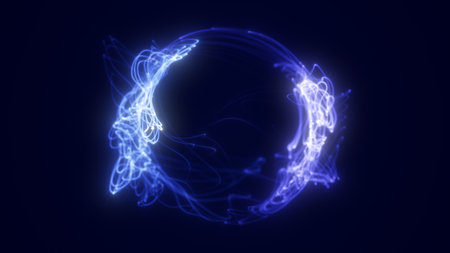 Light blue and white glowing energy ribbons forming a digital sphere with flowing particle streams.の写真素材