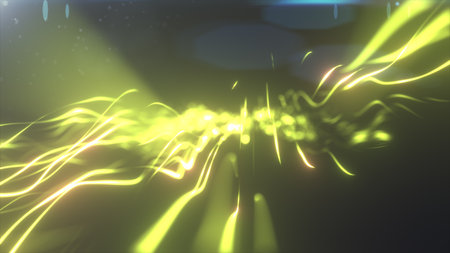 Abstract dynamic green energy lines and waves, bright glowing lights on dark background, digital concept.の写真素材