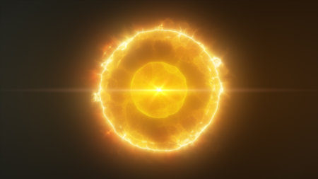 Fiery orange electric ring sphere with glowing center and dynamic plasma filaments radiating energy.の写真素材