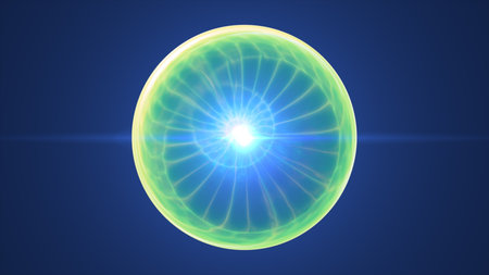 Vivid yellow-green glowing sphere with a radiant blue core, symbolizing clean energy.の写真素材