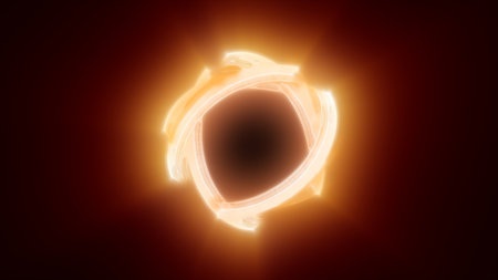 Orange glowing distorted ring with fiery motion, evoking powerful heat, force, and energy core.の写真素材