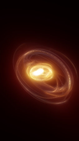 Bright golden energy spiral glowing in the dark, forming a vortex-like abstract shape radiating light.の写真素材