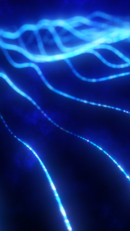 Flowing glowing blue lines on a dark background, representing digital currents or wave energy.の写真素材