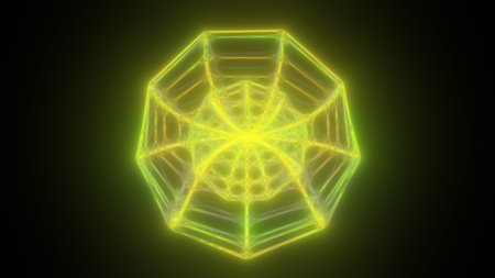 Transparent yellow geometric structure with a spiderweb-like grid glowing against a dark background.