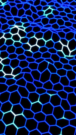 Futuristic glowing hexagonal grid pattern with blue electric lines on a dark background.