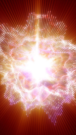 Abstract explosion of glowing light particles radiating from the center with vibrant orange and...