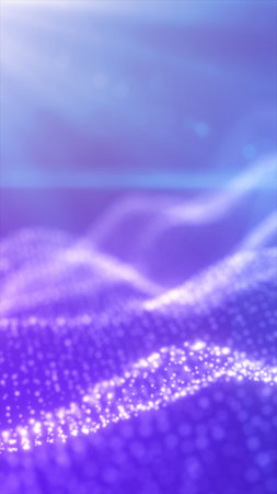 Abstract landscape made of shimmering digital particles on a soft purple and blue gradient...