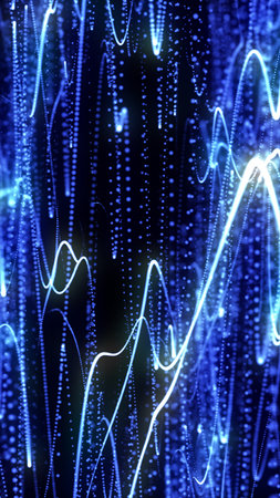 Dynamic abstract image of glowing blue particle waves and light trails over a dark background,...