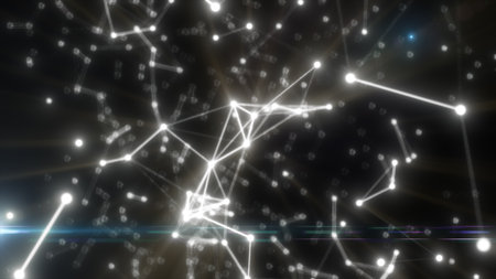Glowing white network of digital lines and nodes over a dark background with sci-fi lighting and depth.の写真素材
