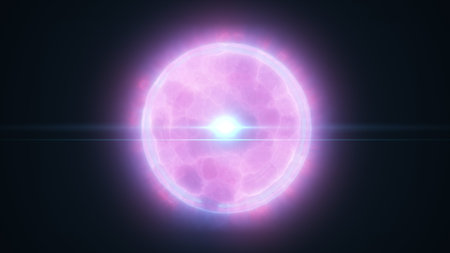Radiant pink glowing energy sphere with soft light rays and plasma texture against a dark background.の写真素材