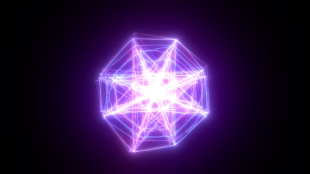 Luminous violet geometric shape with intense core glow and dynamic light webs on a dark background.の写真素材