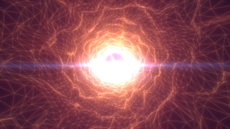 Abstract golden energy core surrounded by glowing mesh network, creating a tunnel with radiating...