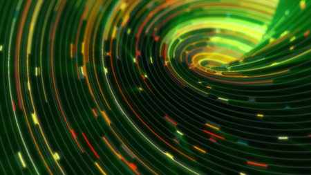Vibrant green and yellow abstract swirl with glowing lines and scattered light particles, creating a...