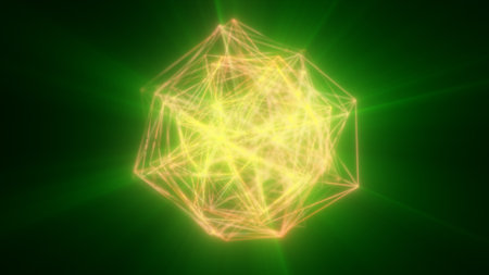 Vivid green glowing digital sphere with dynamic wireframe structure and light energy waves on a dark...