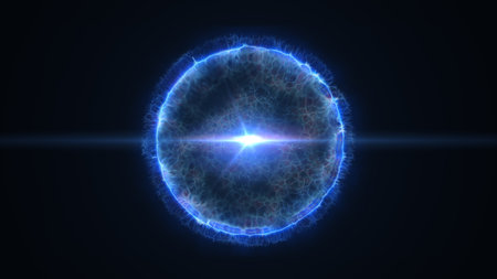 Electric blue energy sphere with intricate neural-like textures and a glowing star-shaped core.の写真素材