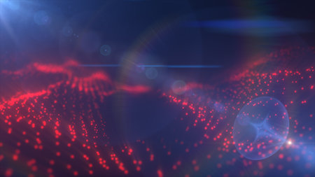 Abstract red digital wave particles with lens flare, futuristic tech concept.の写真素材