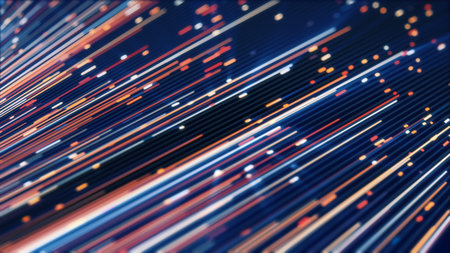 Abstract glowing fiber optic lines in motion, creating a dynamic digital pattern with vibrant...
