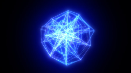 Electric blue energy starburst in a geometric radial form with glowing symmetry and futuristic light trails.の写真素材