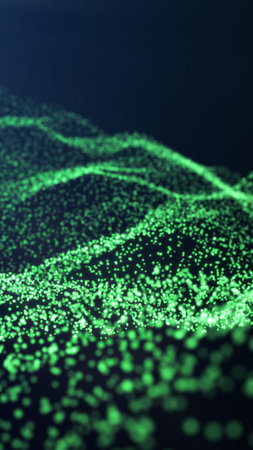 Abstract glowing green particles forming flowing waves against a dark background.