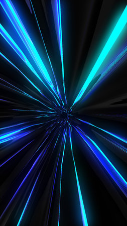 A tunnel of blue and cyan energy beams converges toward a central vortex in a digital warp effect.