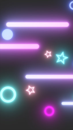 Neon glowing stars, rings, and bars on a dark background with a retro futuristic vibe.