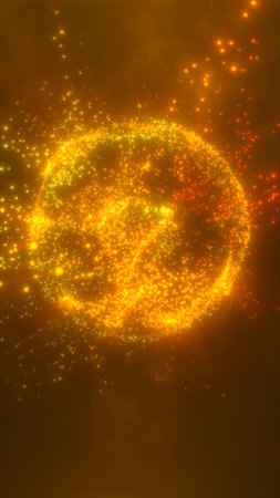 Exploding abstract sphere made of glowing orange and yellow particles in a dark space.