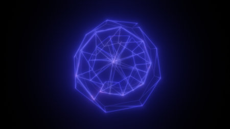Intense electric blue sphere made of interlocking glowing lines and starburst light rays.の写真素材