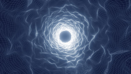 Soft glowing abstract mesh tunnel with fluid white lines creating a sense of depth, motion, and...
