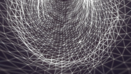 Monochrome digital mesh tunnel with glowing white triangle wireframes forming a dynamic data grid...