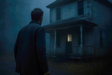 Man standing in the fog staring at an eerie old house with one lit window, evoking suspense and mysteryの素材