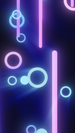 Glowing neon circles and vertical lines in blue and pink tones float on a dark background with light...