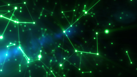Abstract visualization of a glowing green neural network or digital data connections on a dark...