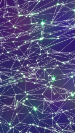 Abstract digital network with glowing green nodes and connecting white lines.