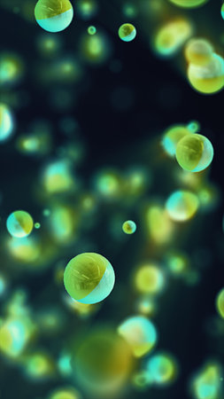 Floating translucent green spheres with reflections and lighting effects in a dark abstract space.