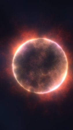 Glowing cosmic ring surrounded by fiery energy, resembling a solar eclipse in deep space.