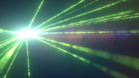 Vivid green light rays shooting from a radiant core with intense lens flares.