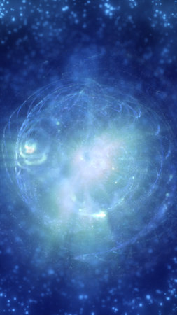 Glowing blue cosmic swirl resembling a galaxy center with surrounding stars and radiant particle...