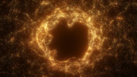 Golden particle energy portal radiating light in a circular shape with scattered glowing dust on...
