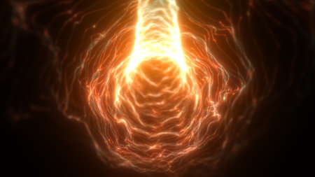 Digital energy tunnel in vibrant orange glow with flowing electric lines forming a fluid pattern.の写真素材